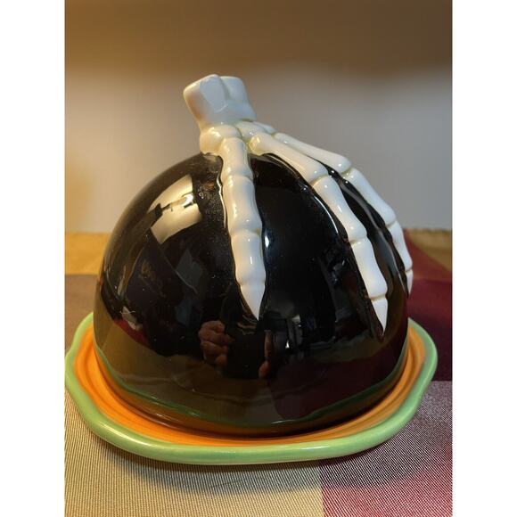 Halloween Ceramic Black & Orange Skeleton Hand Covered Serving Plate, Read All - Picture 4 of 10